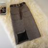 Plaid Skirt Female Autumn High Waist Pocket Split Mid-length Skirts Korean One-step Plus Size Skirt