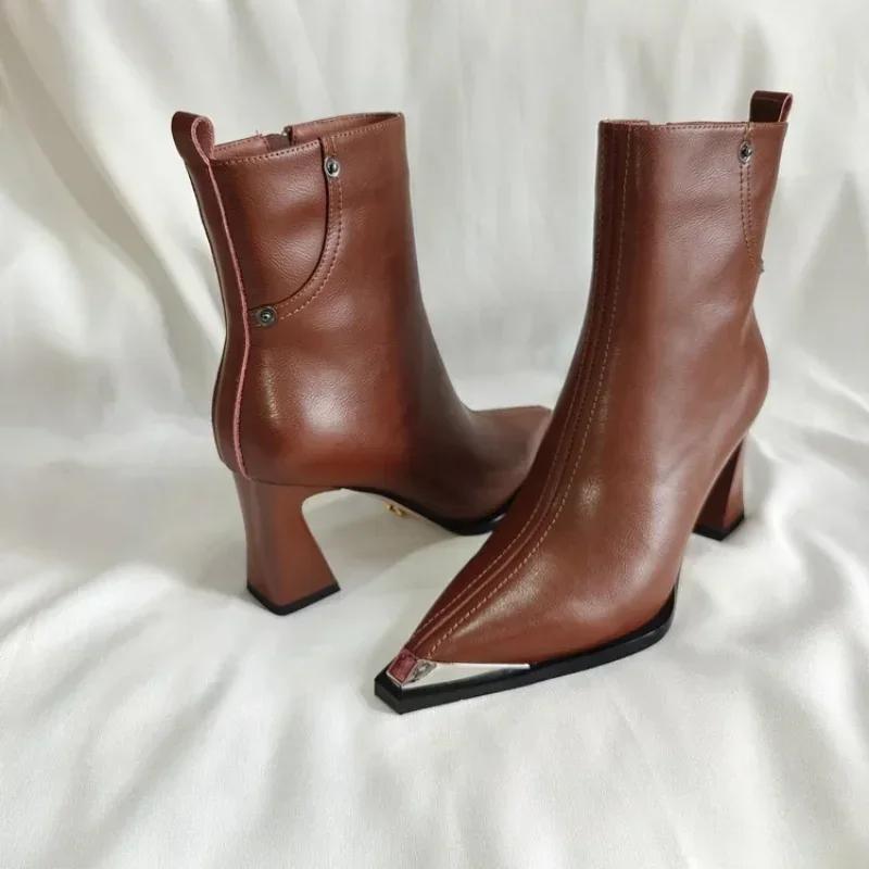 Fashion 2025 New Vintage Brown Women Ankle Boots Fashion Elegant Square Toe Shoes Autumn Winter Thick Heel Women's Short Booties 34-40