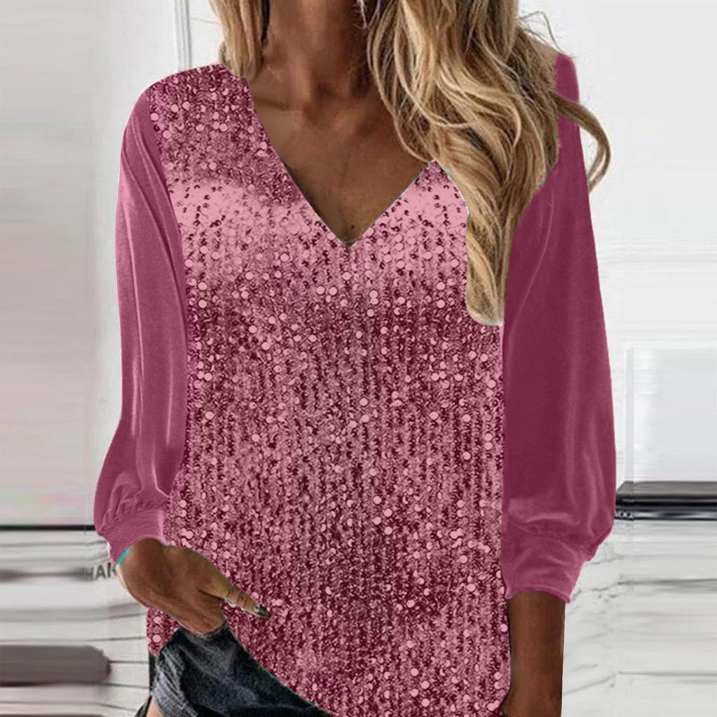 Womens Sequin Tops V Neck Sparkly Glitter Blouses Loose Long Sleeve Holiday Evening Party Shiny Dressy Shirts