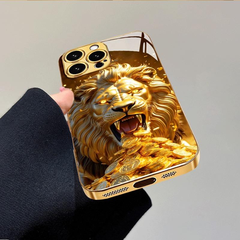Золотой Рев Lion Pattern Золотая Металлическая Краска Стеклянный Чехол Для Телефона Для iPhone 17 Pro Max 11 12 13 14 15 16 Plus 17 Air 16E Обложка