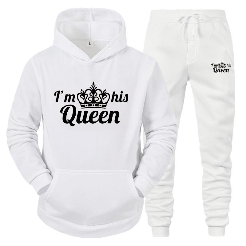 Спортивный костюм для влюбленных, толстовки с принтом QUEEN KING, толстовка для пар, одежда больших размеров с капюшоном, женские толстовки, комплект из двух предметов