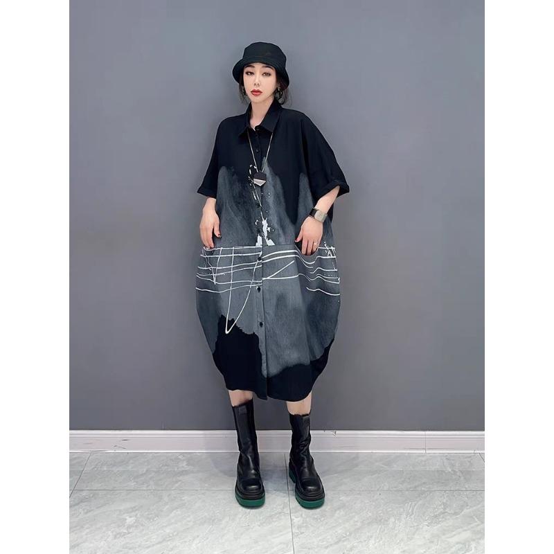 Dimanaf 2025 Летнее платье больших размеров для женщин, повседневное винтажное платье-рубашка, свободное базовое платье на пуговицах