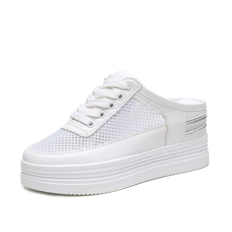 Akexiya/женские весенне-летние тапочки, полые дышащие повседневные полутапочки на толстой подошве, женская маленькая белая обувь