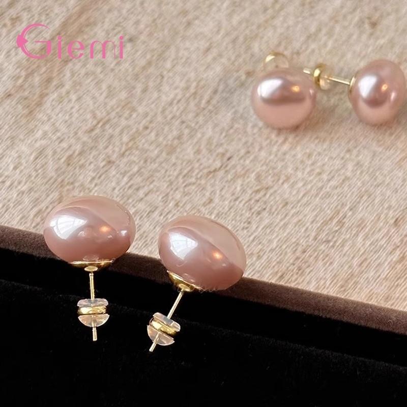 Elegant Pink Glossy Pearl Stud Earrings For Women Exquisite 925 Sterling Silver Earrings Wedding Party Geometric Jewelry Gift