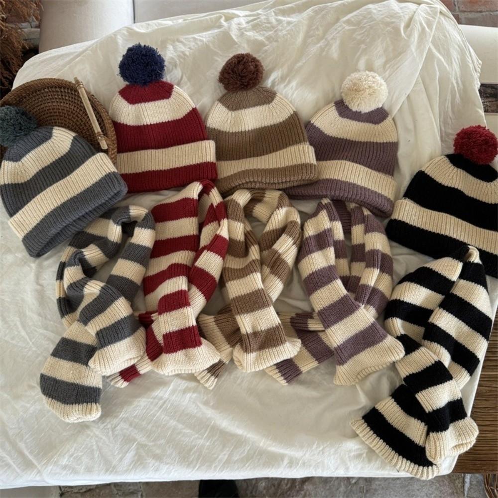 Knit Design Knit Pom Beanie Classic Striped 2-in-1 Headwear Warm Striped Hat Scarf  Cold Weather