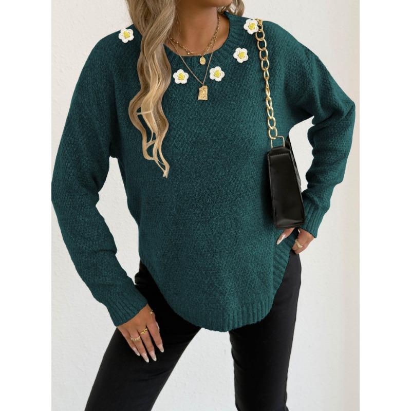 Women S Casual Hand Crochet Patchwork Round Neck Long Sleeve Pullover Sweater
