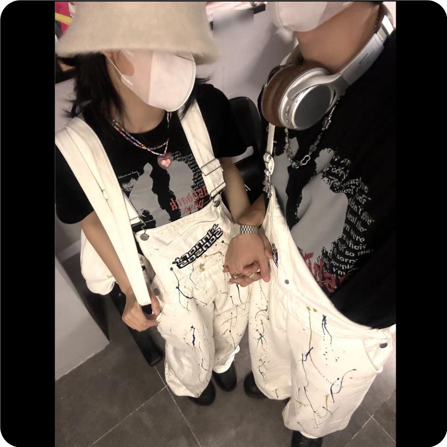 Ink-splashing Denim Overalls, American Retro Inkjet Tooling Overalls, Loose Casual Men's and Women's Trousers, Hiphop Tide