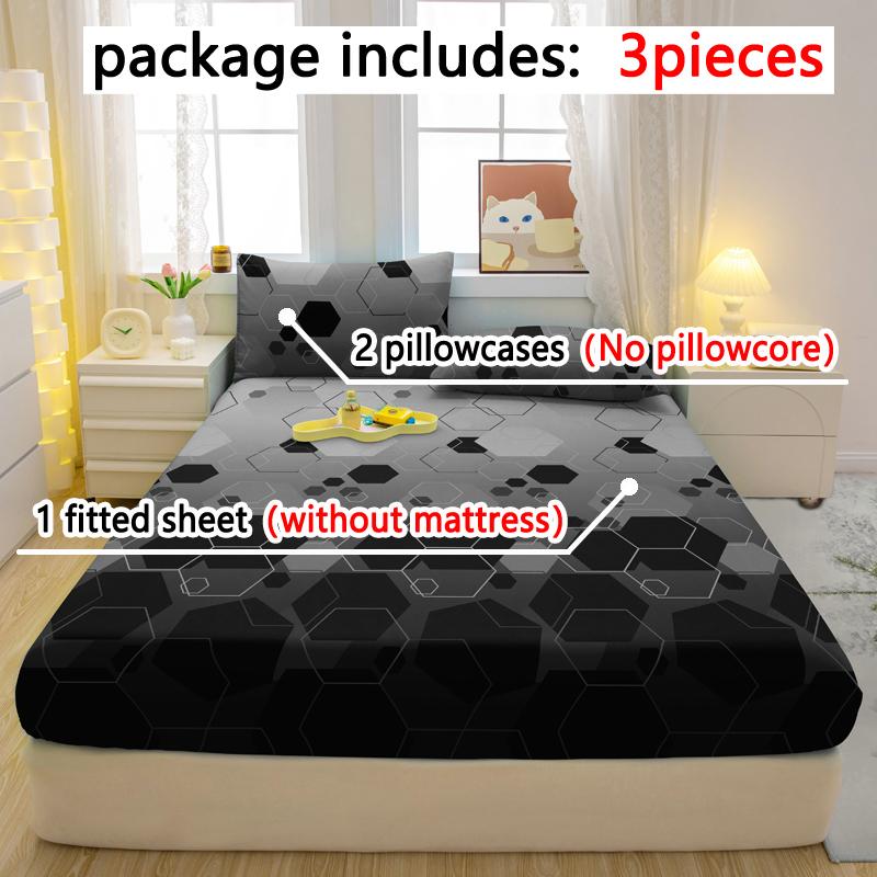 Simple 3-Piece Modern Geometry Pattern Matte Three Piece Fitted Sheet Set, Bedroom Printed Bed Cover Set, Bedding