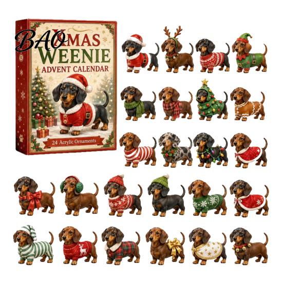Holiday Countdown Box 2026 Christmas Dachshund Advent Calendar, 3D Collectible Ornament Set Gift with 24 Mini Dog Figures, for Kids PVC Figures