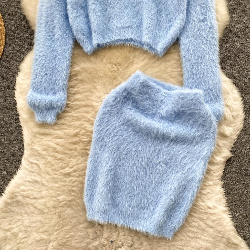 Осенний женский милый вязаный свитер из мохера, костюм с круглым вырезом, пуловер с длинными рукавами, топы + облегающая юбка-карандаш с высокой талией, женский однотонный комплект из двух предметов