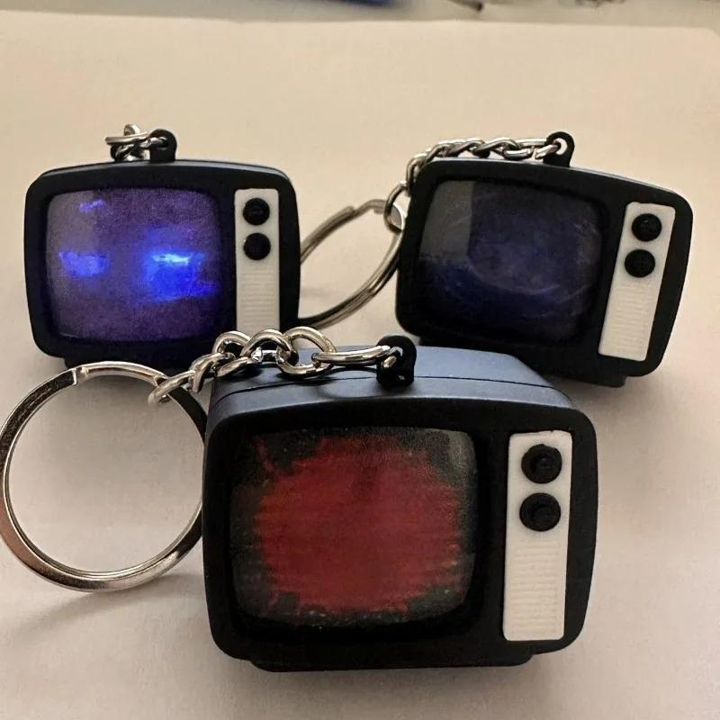 Retro TV Shaped Keychain with Light & Sound Miniature Television Tv Model Toy Pendant for Bag Charm Key Ring Chain