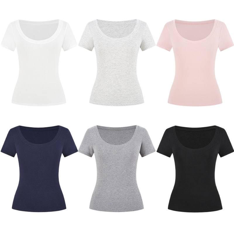 Женская летняя футболка 2025 года из чистого хлопка, приталенная, с коротким рукавом и U-образным вырезом
