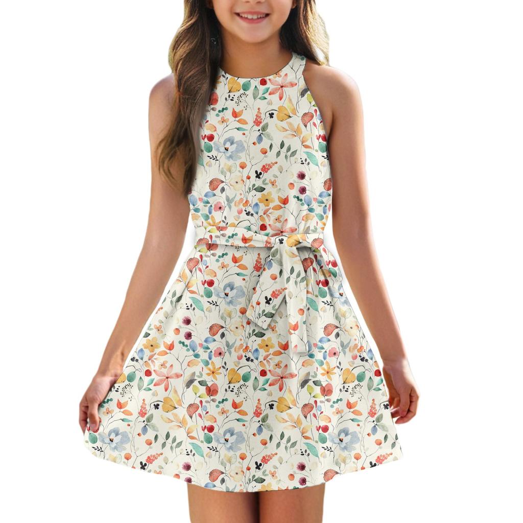 Летнее платье для девочек Платье без рукавов на бретельках Однотонное платье без рукавов с принтом Повседневное платье