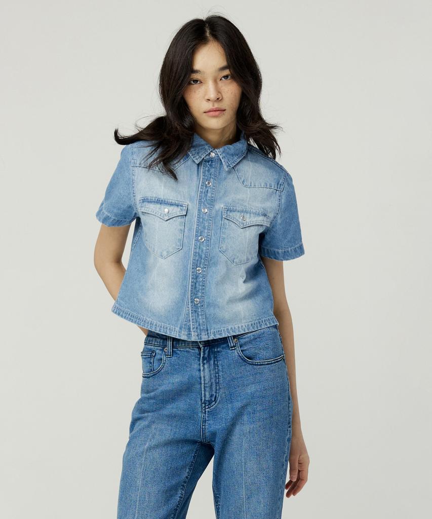 MAGOODGAN Femerald 2803 Fadewash Medium Indigo Crop Short Sleeve Shirt