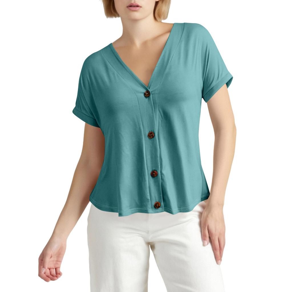 Women's Fashion Short-sleeved V-neck Solid Color Top Casual Button T-shirt