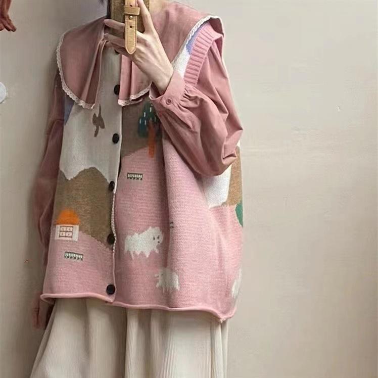 Жаккардовый трикотажный жилет кардиган женский осенний свободный жилет большого размера из мягкого трикотажного полотна