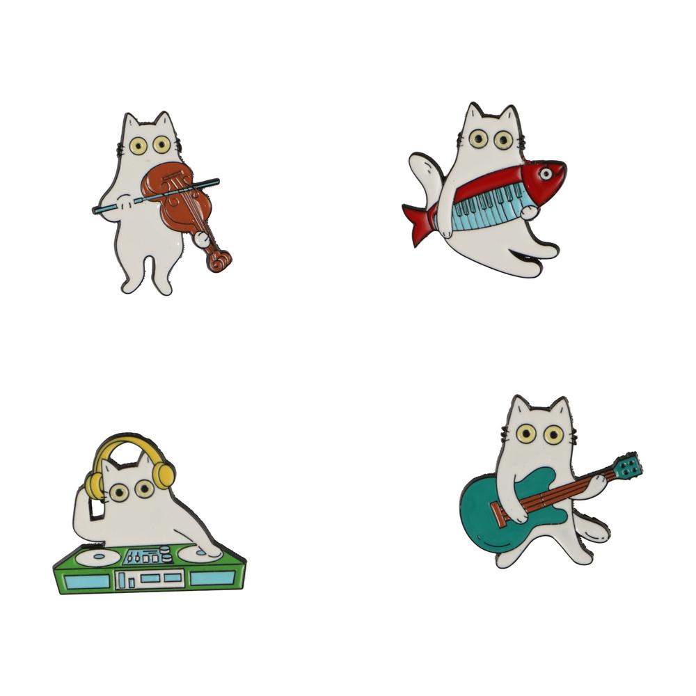 Guitar Women Suit Lapel Pins Violin Music Cat Badges Temperament Animal Theme Metal Pin  Girls