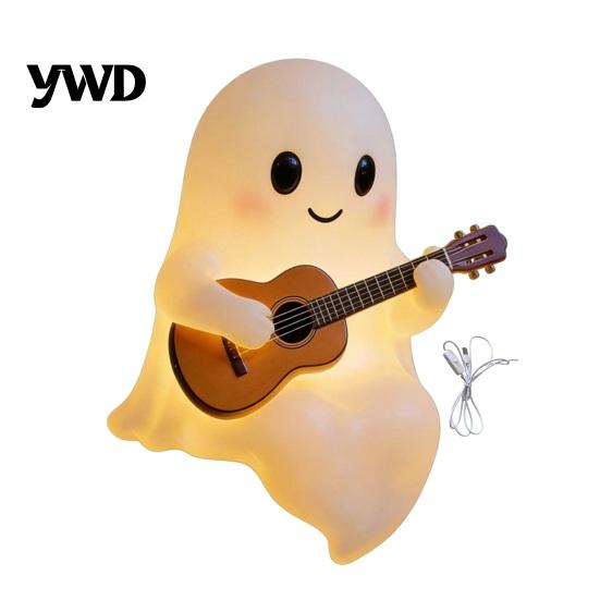 Kawaii Ghost Table Lamp Halloween Figurine with LED Light, Resin Witch Hat Statue Led Glowing Guitar/Book, Cute Luminous Sculpture for Home