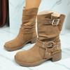 Модные женские ботинки до середины икры с металлическим декором, хаки, из искусственной замши, на толстом каблуке, ботильоны в стиле милитари, женские осенне-зимние слипоны, боты женские