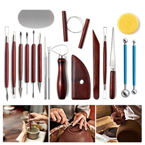Набор инструментов для лепки из глины, 18 предметов, инструмент для резьбы по керамике с деревянными ручками, двухсторонние инструменты для резьбы по глине с сумкой для инструментов для любителей керамики