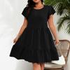 Женское большое однотонное платье с круглым вырезом и рюшами в праздничном стиле для отдыха