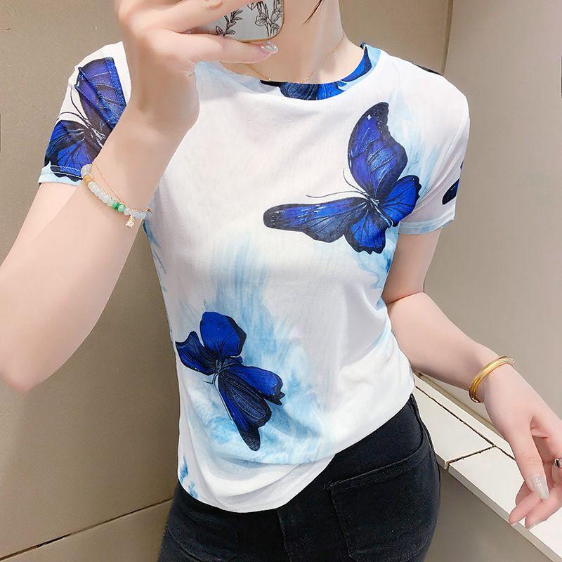 Western Butterfly Print Short Sleeved Women's Fashionable Ice Silk Mesh Top Slim Fit Versatile T-shirt