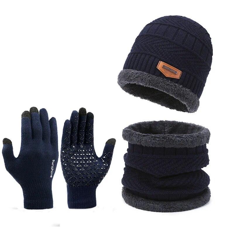 Suit Hat Men's Winter Scarf Gloves Three-Piece Set Neck Integrated Fleece Warm Winter Knit Hat