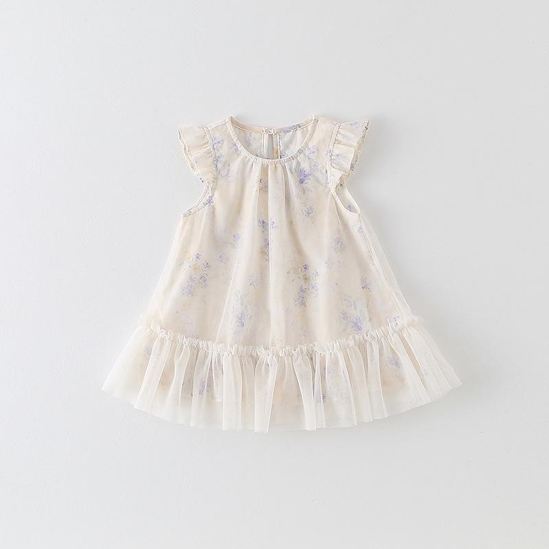 Korean Style Girls' Floral Puff Sleeve Princess Dress with Breathable Mesh Skirt for Infants and Toddlers