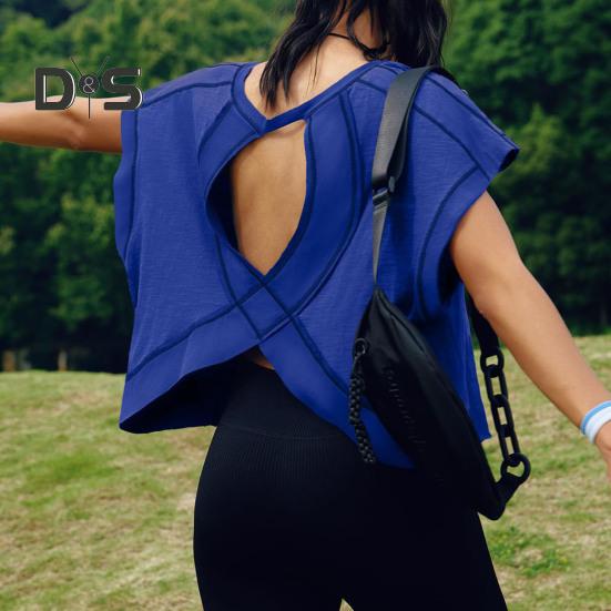 Женская беговая футболка с круглым вырезом и коротким рукавом, открытая спина, спортивный топ свободного кроя, однотонные повседневные топы для спортзала