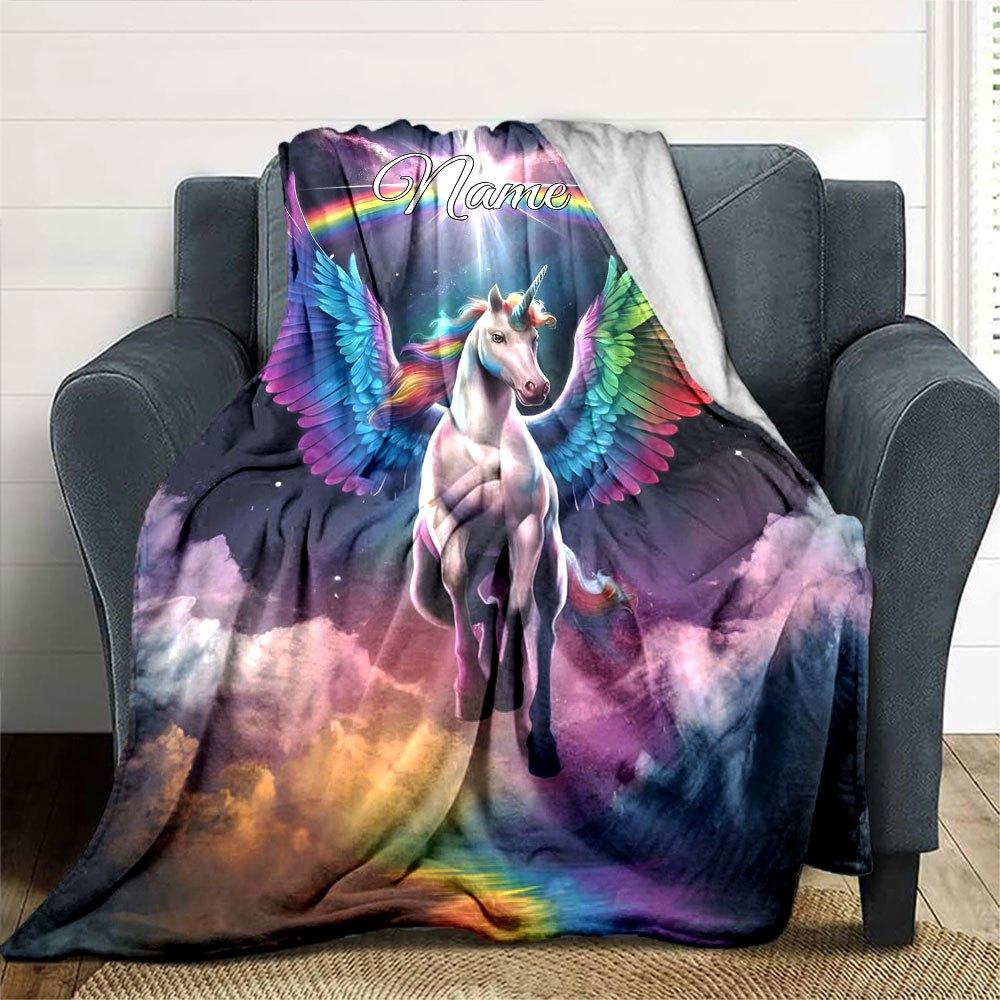 Unicorn Flying In Rainbow Sky Customize Your Name Home Blankets Soft Lightweight And Cozy For All Seasons Perfect For Picnics Sofa Office Bed Living