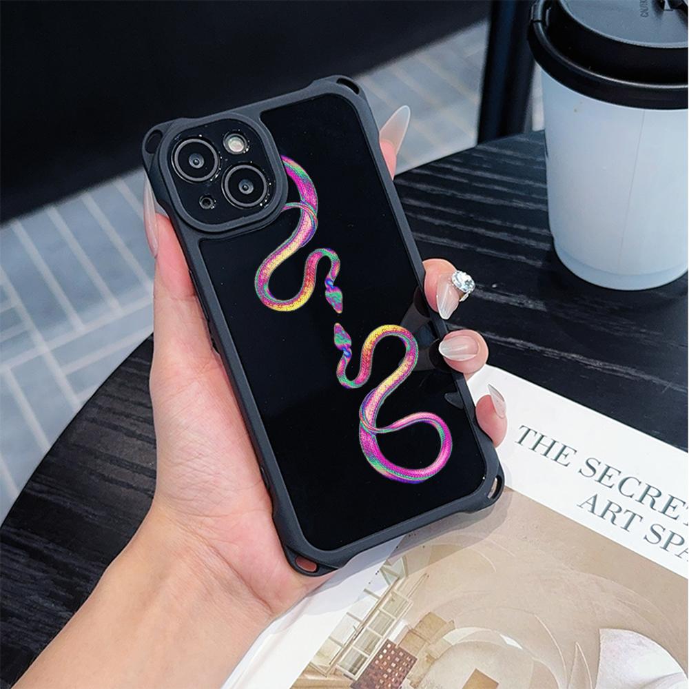 Soft Phone Cases for iPhone 16 15 13 12 11 14 Pro Max 8 Plus Four Corners Anti-Drop Protective Cover Optional Lanyard Rope N73 Black Gold Snake Design