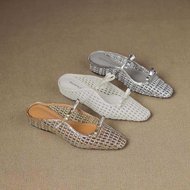 Krazing Pot Straw Weaving Mules Summer Size 42 Bowtie Gold Silver Color Thick Low Heels Women Women Square Toe Sandals