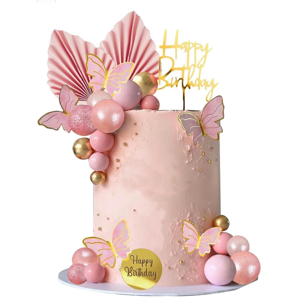 Happy Birthday Cake Topper Pink Balls Cake Topper Butterfly Balls Cake Decorations for Baby Shower Wedding Birthday Party