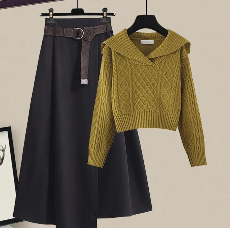 Комплект из свитера и юбки в японском стиле в стиле ретро с темно-синим воротником и ленивым узором - коллекция осень 2024 года.