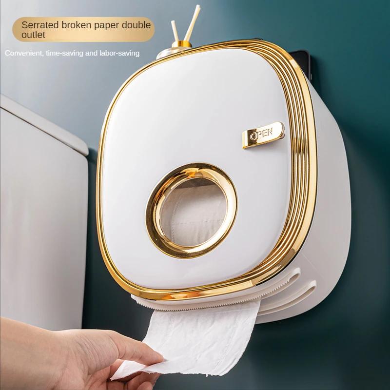 Golden Bathroom Shelf Storage Box Punch-Free Wall-Mounted Toilet Paper Holder Box Waterproof Paper Towel Bathroom Storage Rack