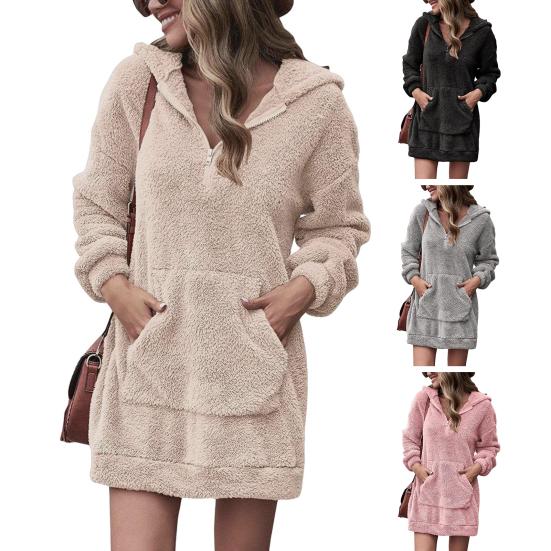 Женское платье с капюшоном и большим карманом, с длинными рукавами, из плотного плюша, однотонное, свободное мини-платье, повседневная одежда, повседневный топ средней длины