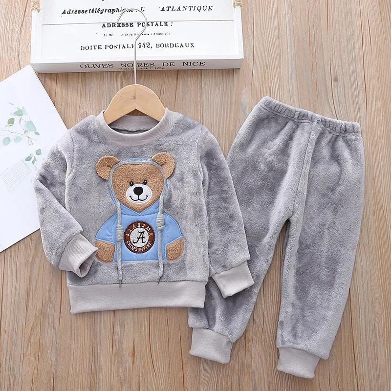 Autumn Winter Baby Boy Flannel Pajamas Sets Plush Hooded Jacket 2pcs Children's Casual Outfit Suits Kids Velvet Tracksuit Toddler Girl Clothing