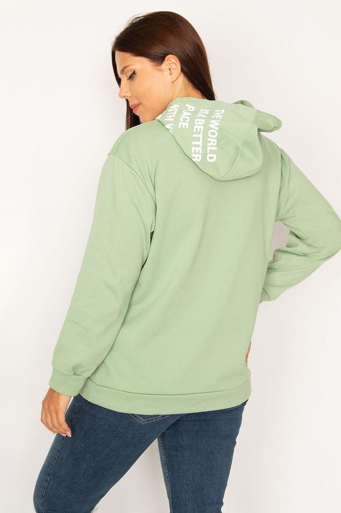 Women's Style Big Size Sweatshirt Large Size Green Hooded Sweatshirt With Kangaroo Pocket And Ribbon Inside