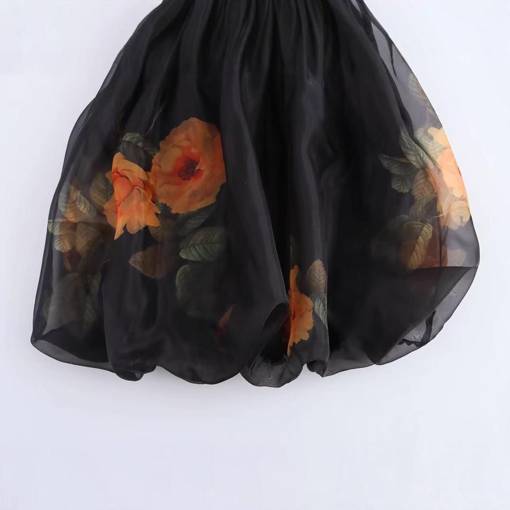 2024 Autumn Women's European-American Fashion Tulip Print Organza Skirt