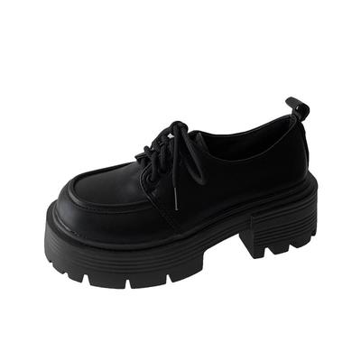 Маленькие кожаные туфли женские новые универсальные одинарные туфли на шнуровке на платформе в стиле ретро на толстом каблуке черные туфли