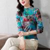 Fashion Thin Print Mesh Bottoming Shirt Women's New Elastic Slim Fitting Long Sleeved T-shirt Half High Neck Pullover Tees