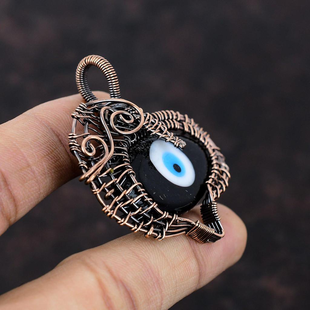 Черный цвет кулон от сглаза, обернутый медной проволокой, подвеска с драгоценным камнем, стильный кулон, медная проволока, ювелирное изделие, подарок для мамы, этнические подвески ручной работы