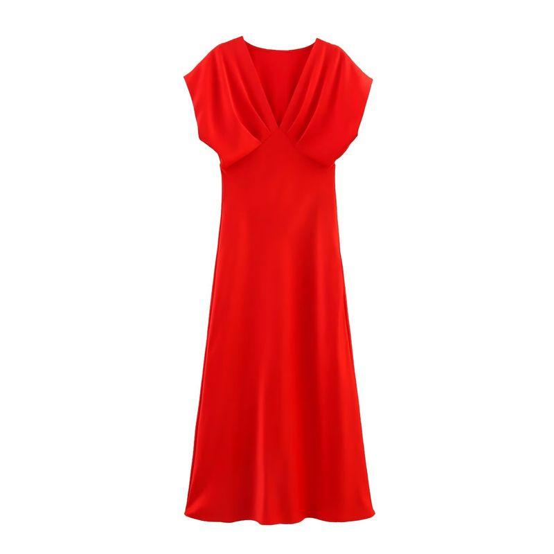 Kaslead New Arrival Women's Clothing Fashion Style Silk Satin Texture Elegant Short Sleeve Midi Skirt Dress 2330399