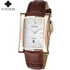 WWOOR Classic Fashion Mens Rectangle Watches Male Gold Brown Leather Quartz Waterproof Wrist Watch