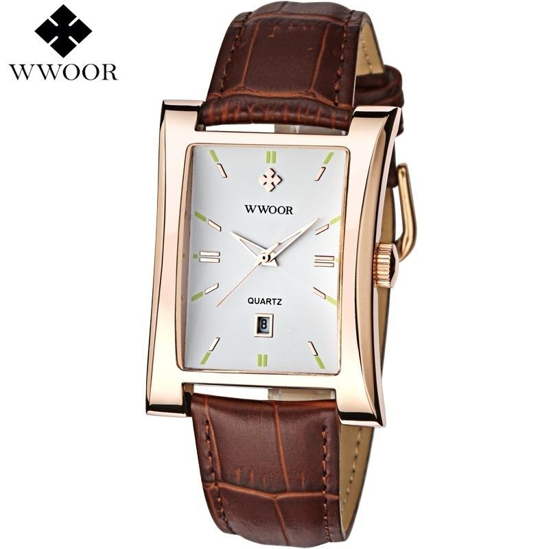 WWOOR Classic Fashion Mens Rectangle Watches Male Gold Brown Leather Quartz Waterproof Wrist Watch