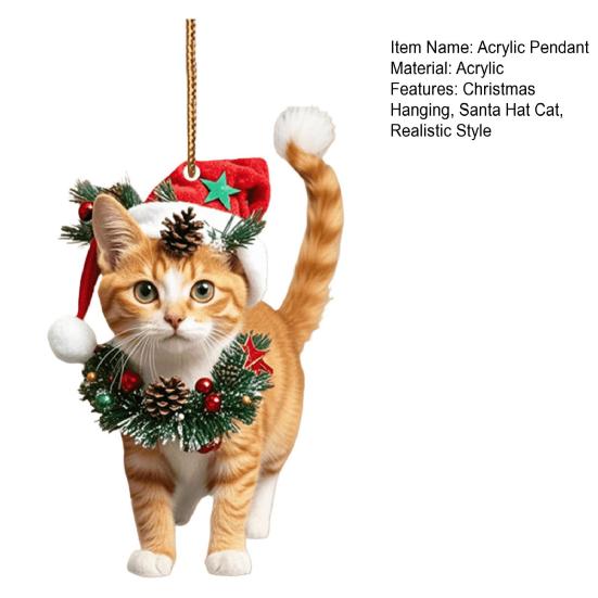 Yousheng Christmas Cat Pendant 2D Acrylic Hanging Ornament Santa Hat Cat Car Rearview Mirror Charm Tree Decoration Gift for Cat Lovers
