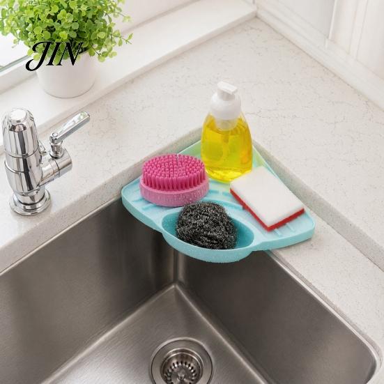 Sink Caddy with Drainage Corner Storage Rack, Triangular Shape, Multi-Compartment Kitchen Strainer Organizer, Durable Rack for Sponges Brushes