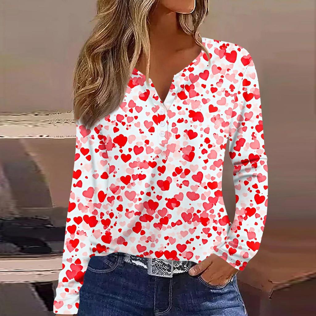 Женская футболка с принтом ко Дню святого Валентина, туника с длинным рукавом и пуговицами, повседневная мода на выходные, базовый топ с V-образным вырезом