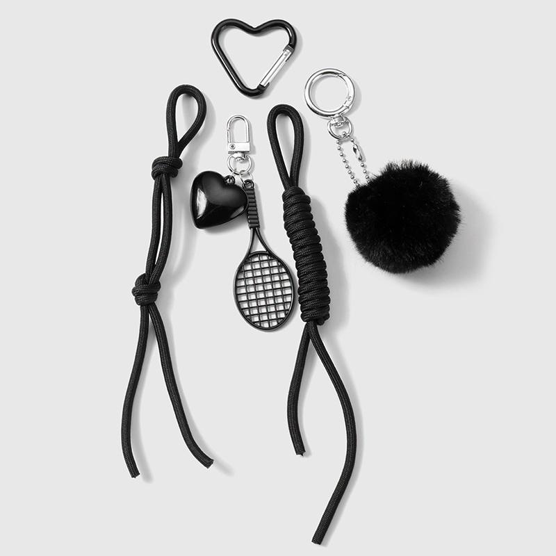 Black Braided Rope Keychain Three-Dimensional Love Ball Racket Cherry Charm Pendant Keyring Simple Bag Decoration