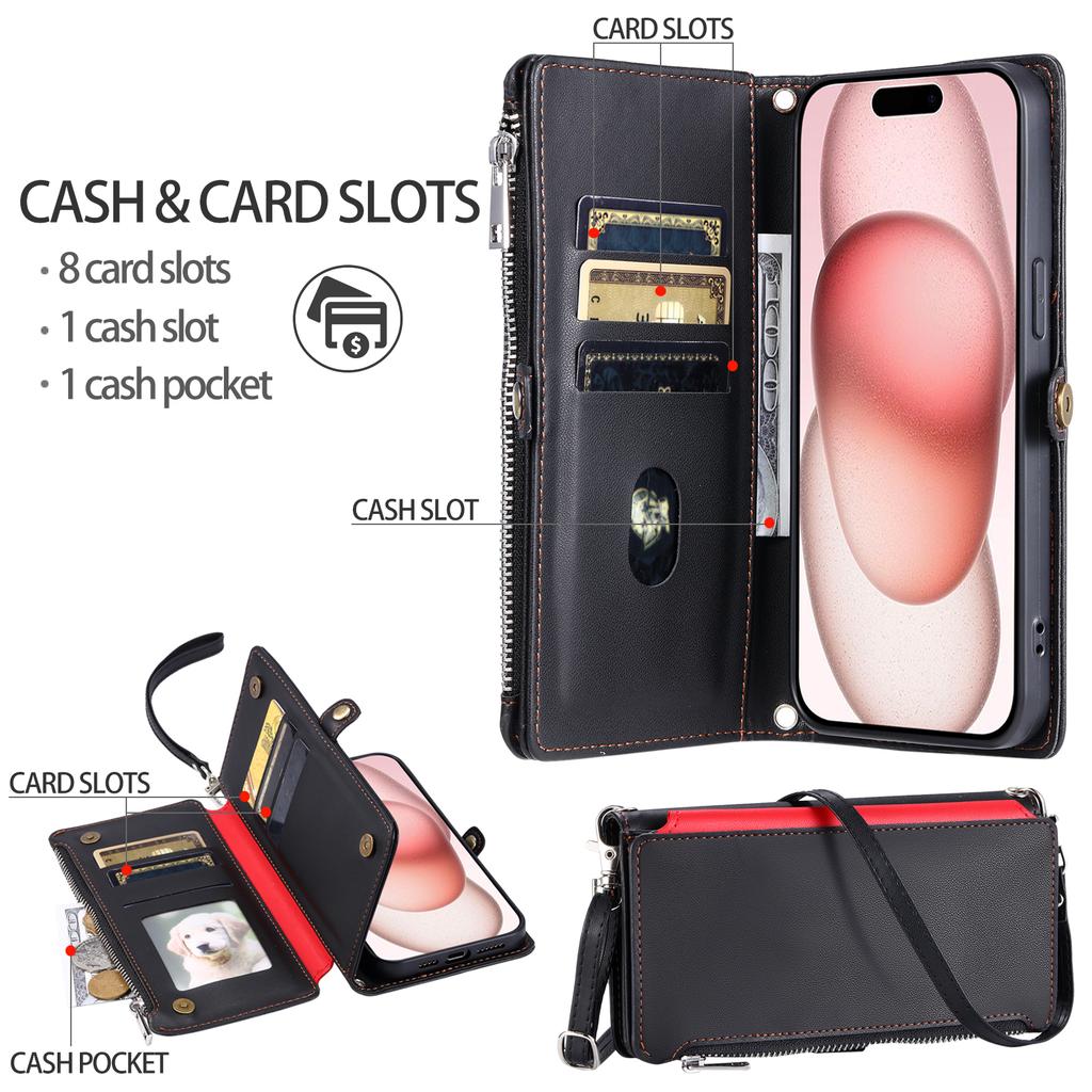 015 Style For iPhone 15 Pro Max Case Zipper Pocket Leather Wallet Phone Cover